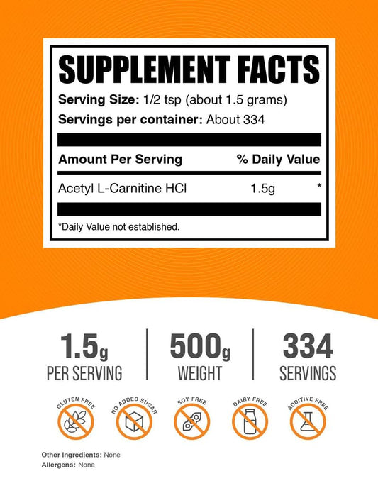 Bulksupplements Acetyl L-Carnitine powder with measuring spoon for easy dosing