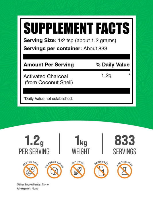 BulkSupplements Activated Charcoal Powder scoop aiding convenient daily use.