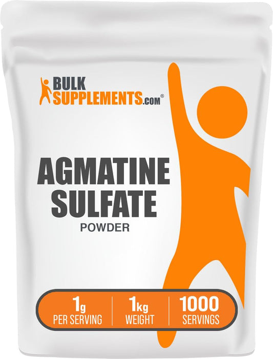 BulkSupplements Agmatine Sulfate powder bottle ready for pre-workout mixing.