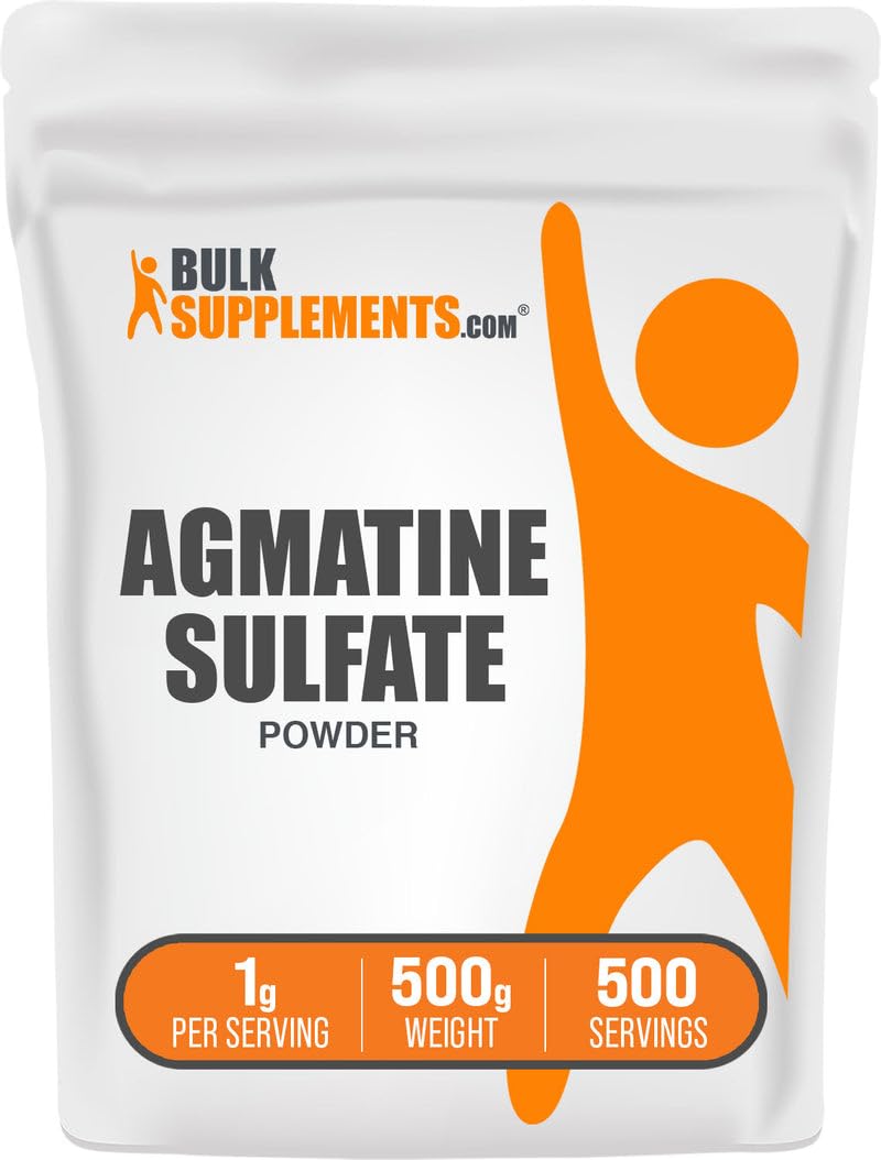 BulkSupplements Agmatine Sulfate powder jar pour for enhanced workout support.