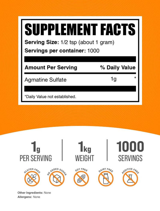 BulkSupplements Agmatine Sulfate powder scoop with glass of water for easy dosing.