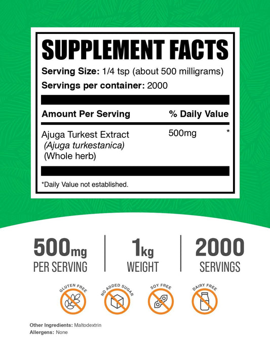 Ajuga Turkest Extract powder bottle pour for easy daily dosing in a vegan gluten-free routine.