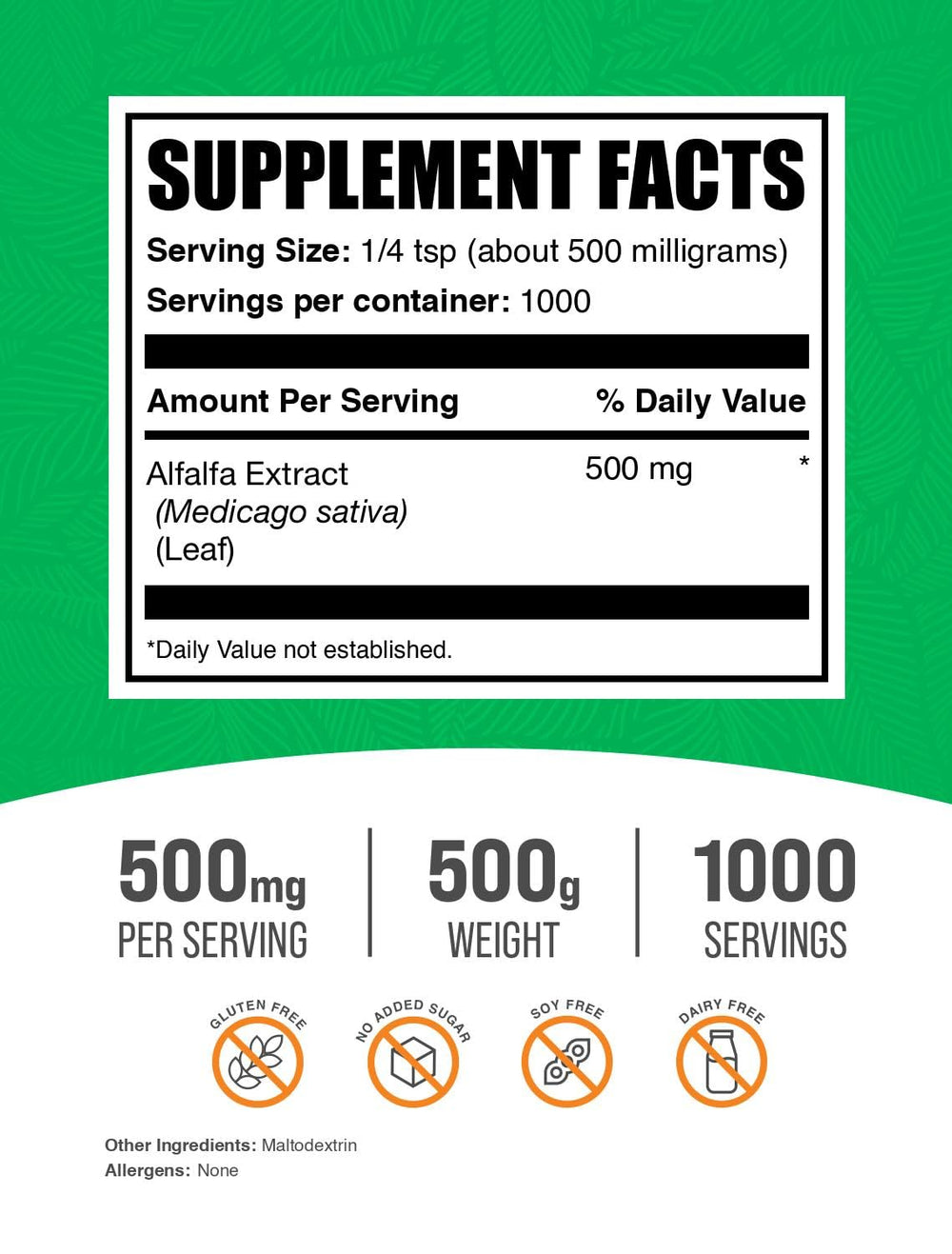 BulkSupplements Alfalfa Extract Powder close-up showing fine green powder.