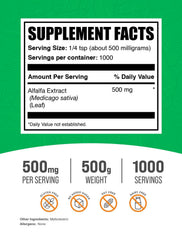 BulkSupplements Alfalfa Extract Powder close-up showing fine green powder.