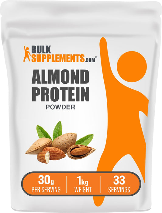 BulkSupplements almond protein powder bottle for vegan protein boosts shakes