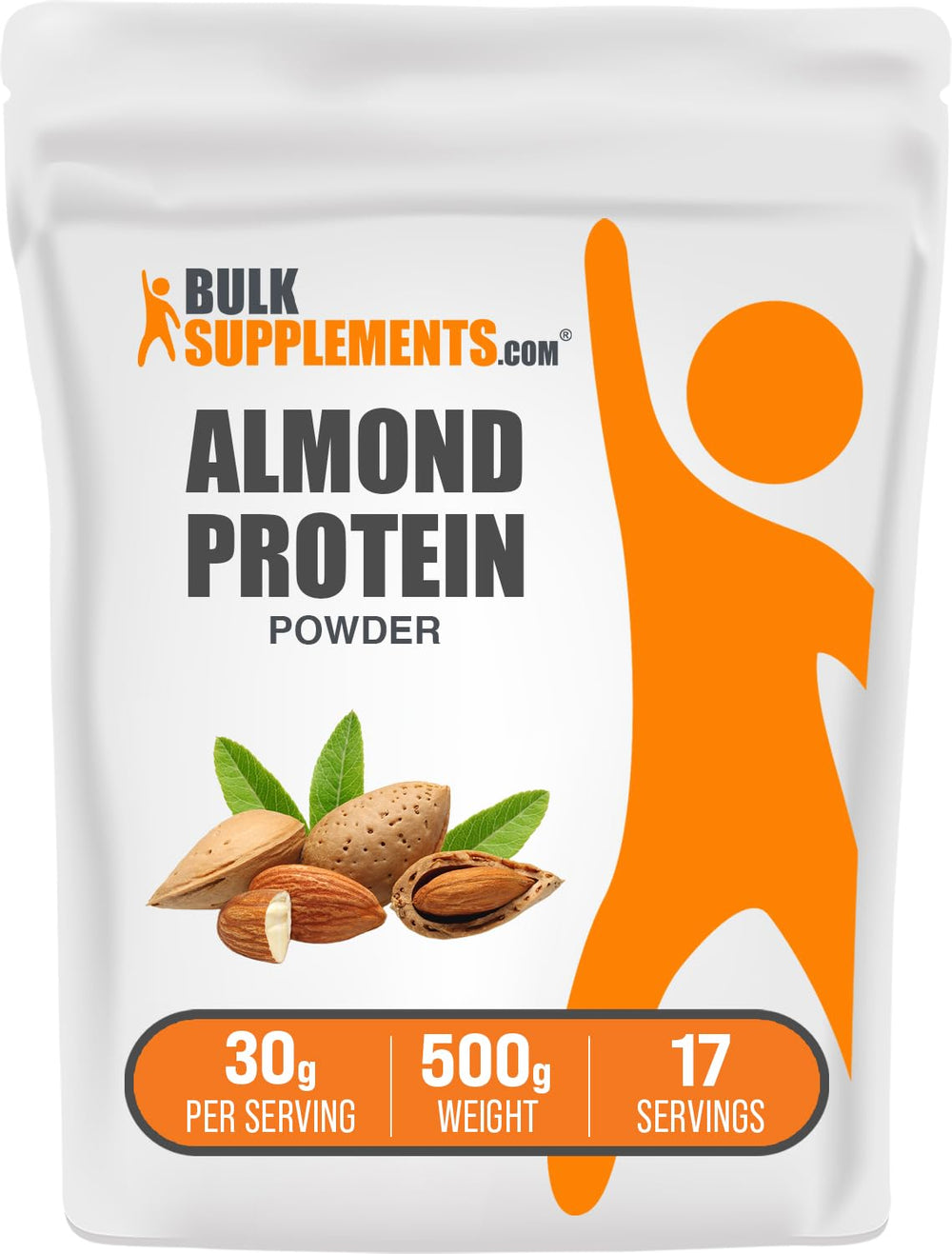 BulkSupplements almond protein powder jar with scoop for easy plant-based protein.