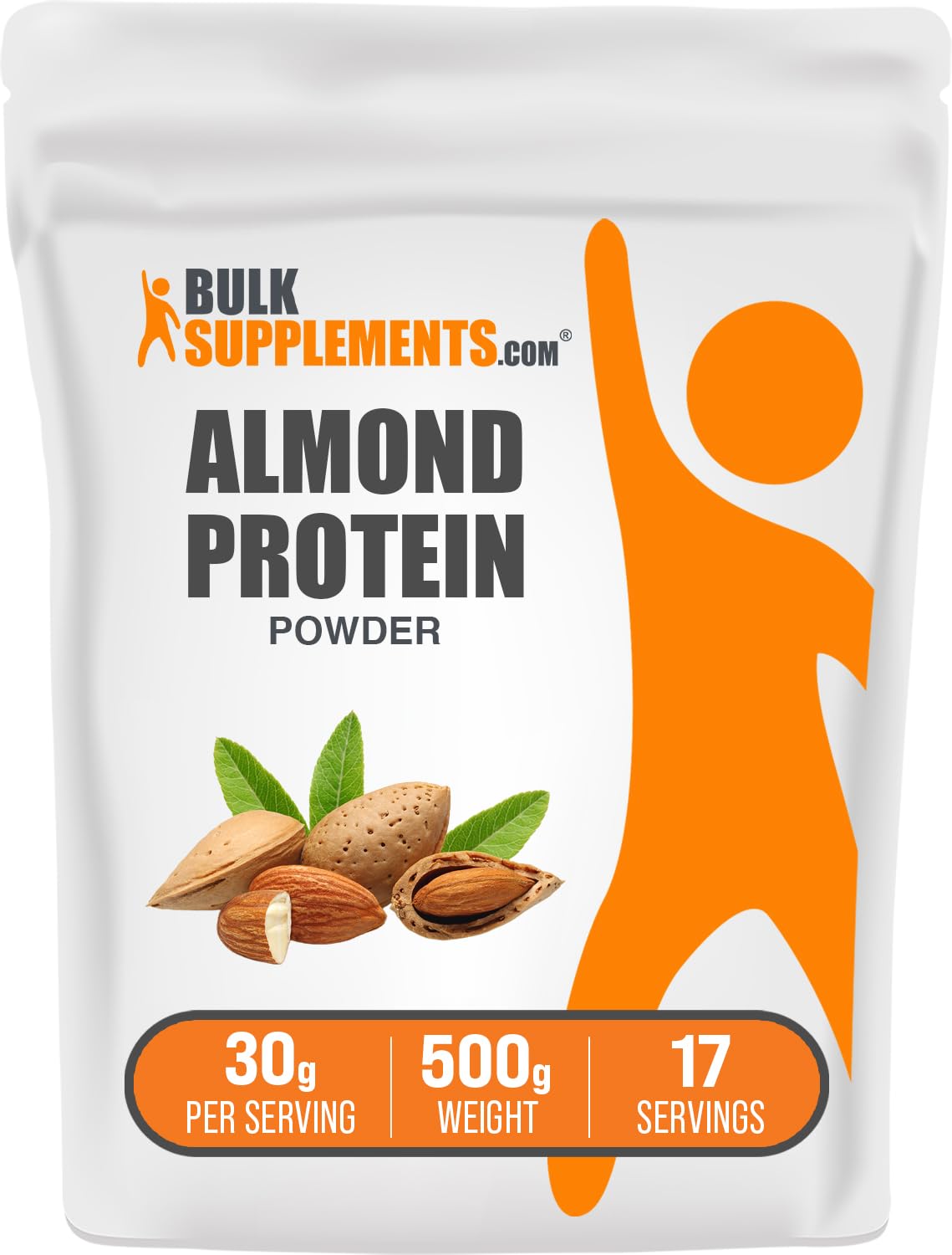 BulkSupplements almond protein powder jar with scoop for easy plant-based protein.