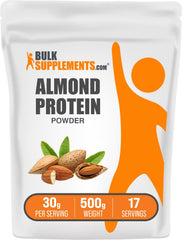 BulkSupplements almond protein powder jar with scoop for easy plant-based protein.