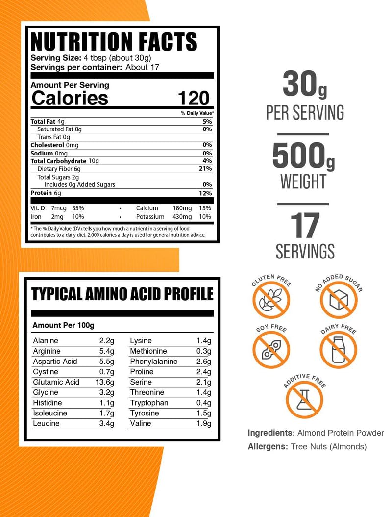 BulkSupplements almond protein powder unflavored label highlights clean ingredients.