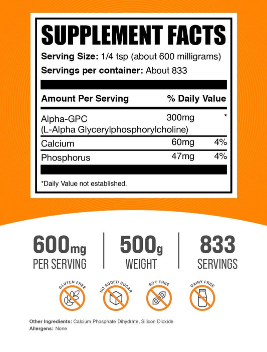 BulkSupplements Alpha GPC powder with scoop for precise serving size.