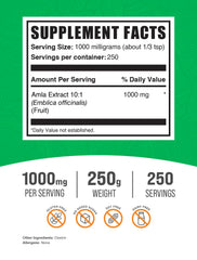 Amla powder packaging shows gluten-free formula and 250g size.