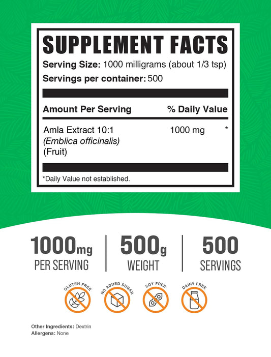 BulkSupplements Amla Extract Powder with measuring scoop for easy serving.