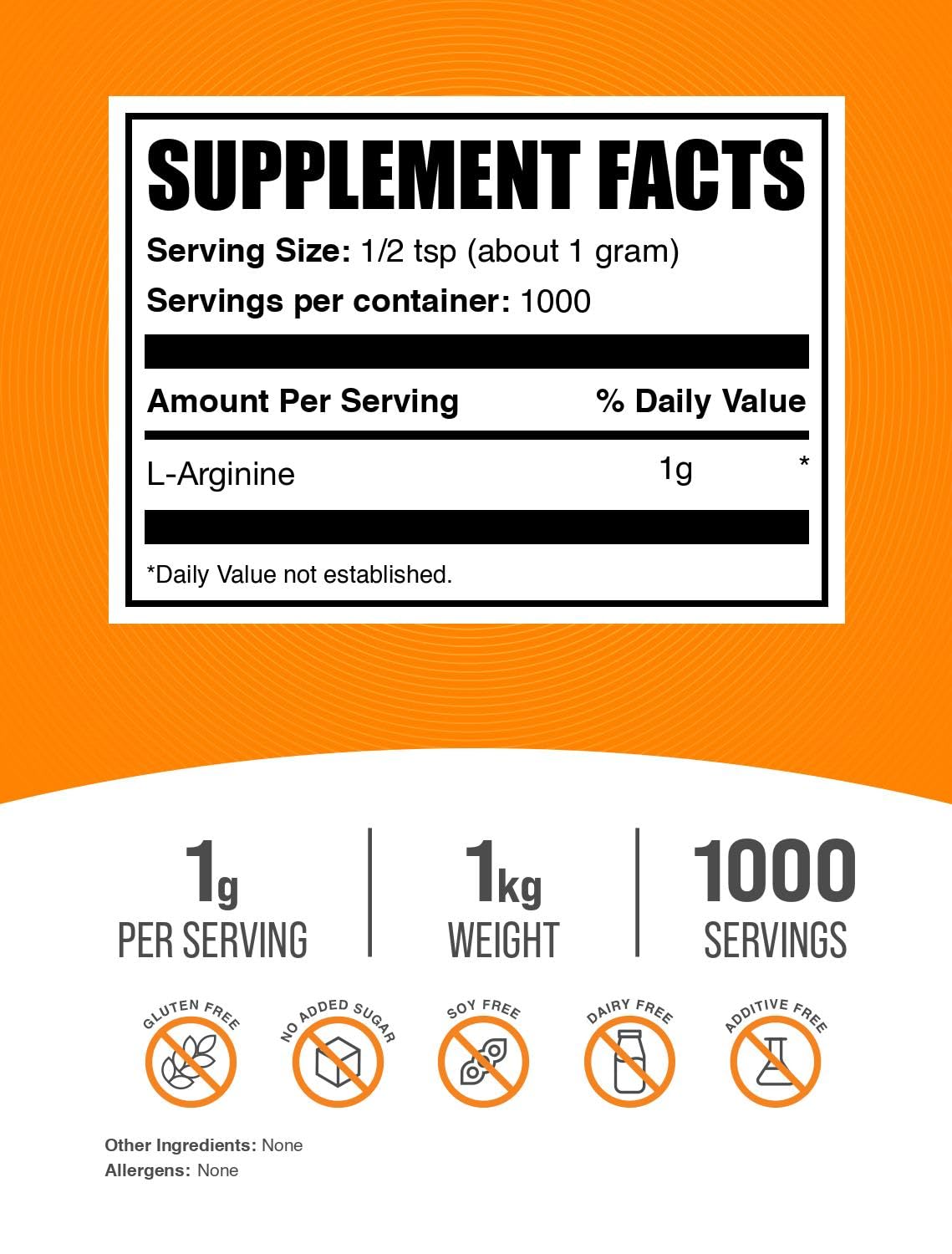 BulkSupplements L-Arginine powder with scoop for precise measuring.