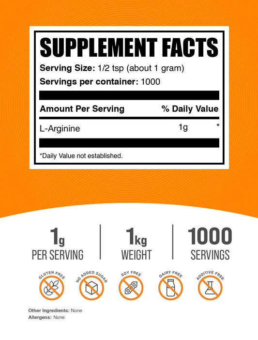 BulkSupplements L-Arginine powder with scoop for precise measuring.