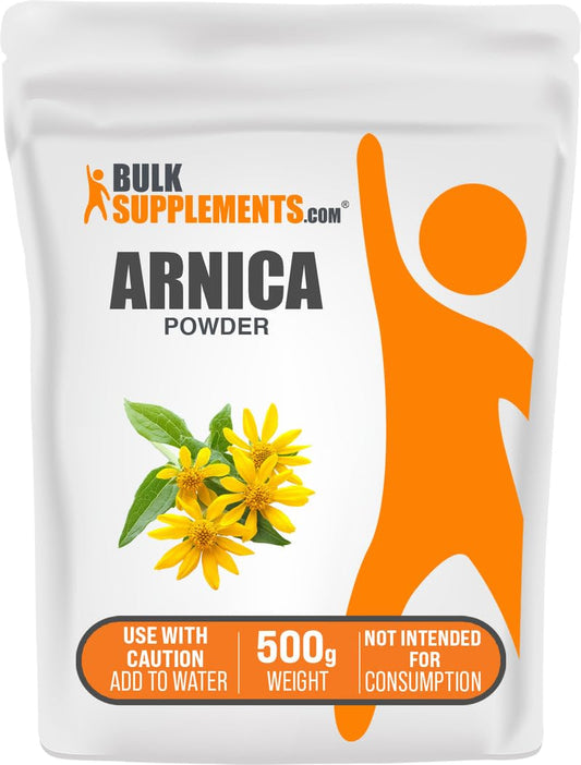 BulkSupplements Arnica Powder packaging close-up, highlighting quality and vegan formulation.