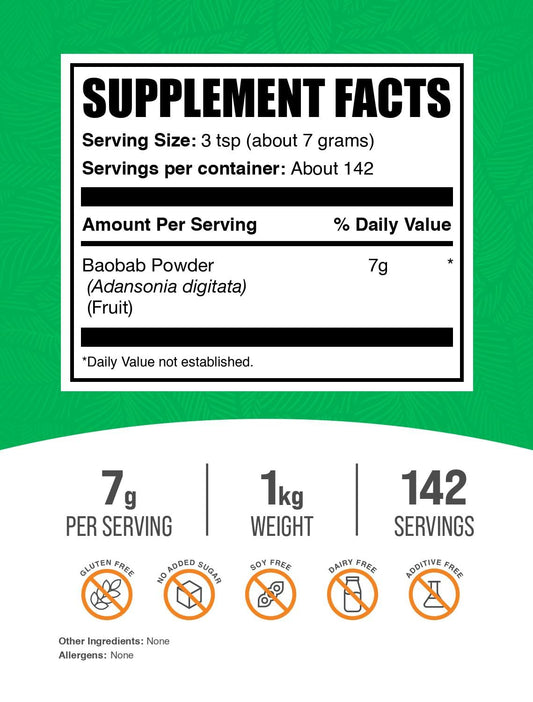BulkSupplements Baobab fruit powder serving scoop emphasizes easy measurement for shakes.