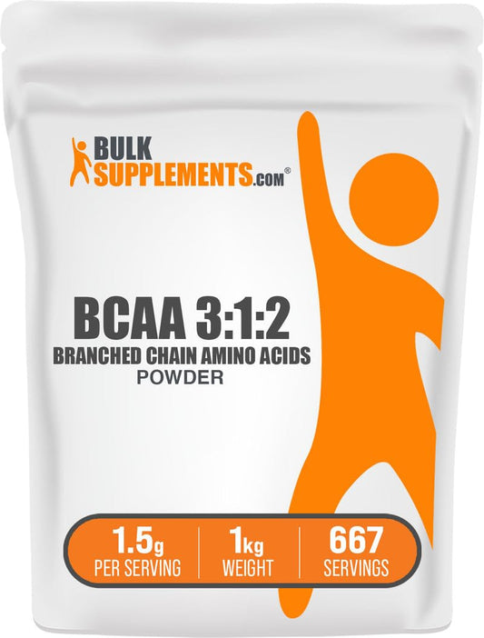 BulkSupplements BCAA 3:1:2 powder with scoop for workouts and recovery support