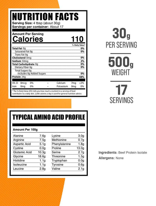 BulkSupplements Beef Protein Isolate 30g serving scoop for post-workout support.