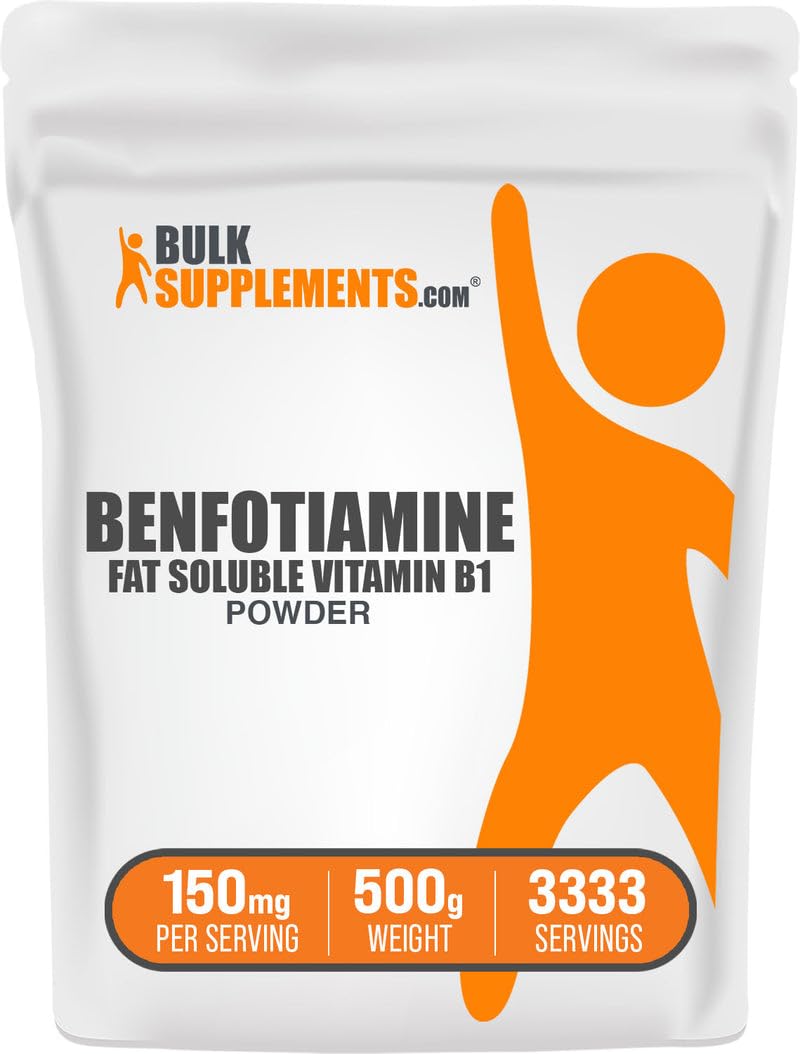 BulkSupplements Benfotiamine powder in a bottle for easy daily mixing and wellness support.