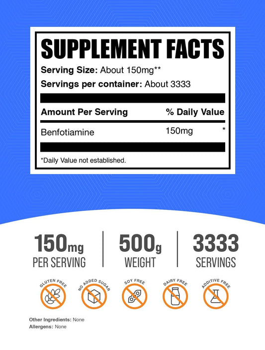 Measuring scoop beside Benfotiamine powder for simple smoothie integration.