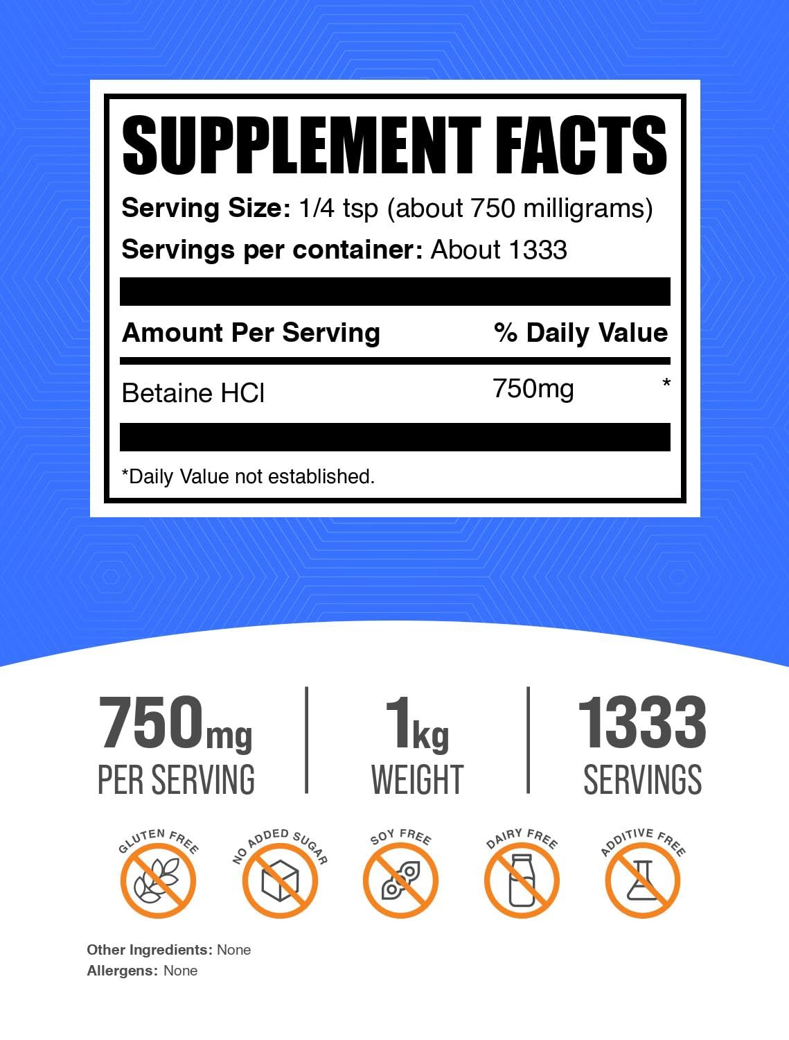 BulkSupplements Betaine HCl powder close-up with scoop for convenient everyday use.