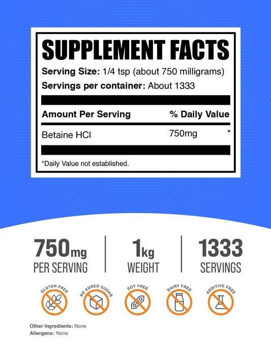 BulkSupplements Betaine HCl powder close-up with scoop for convenient everyday use.