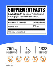 BulkSupplements Betaine HCl powder close-up with scoop for convenient everyday use.