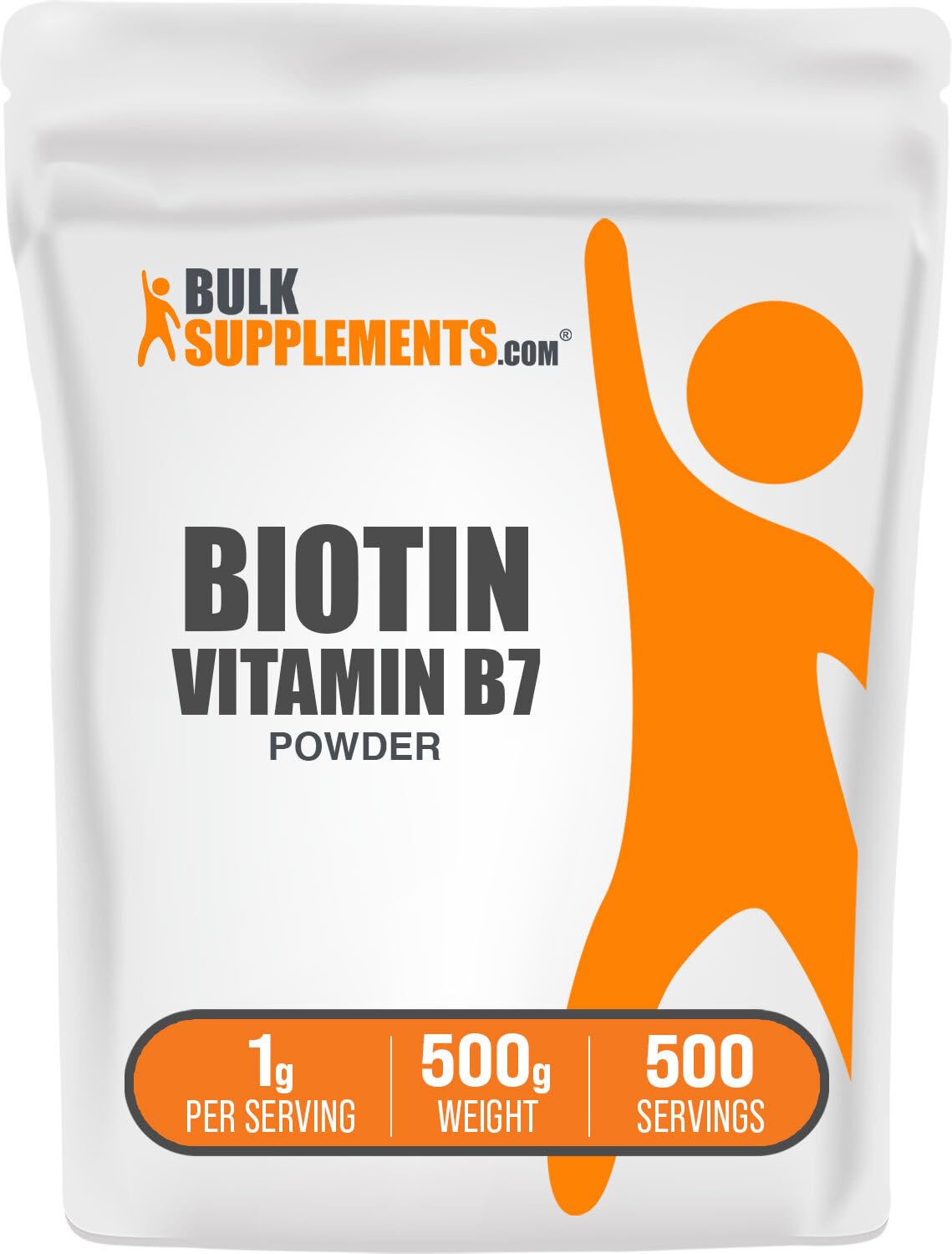 BulkSupplements Biotin 10000mcg powder bottle pour supports hair, skin, and nails.