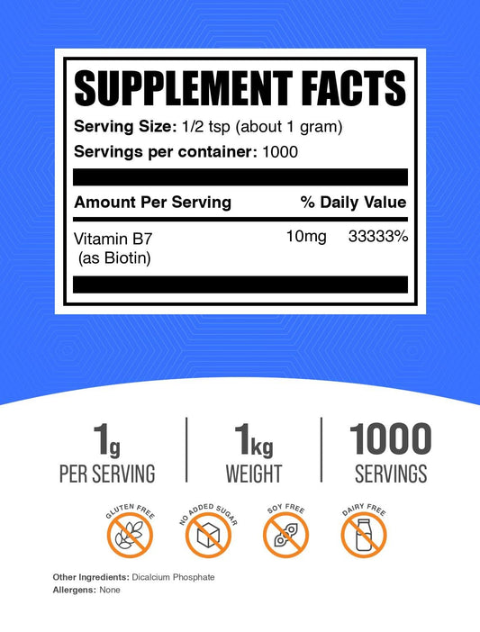 Biotin powder scoop enables easy, consistent daily dosing.