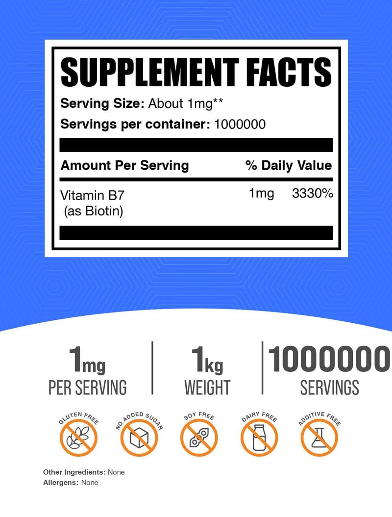 BulkSupplements Biotin Powder clear label highlighting gluten-free formula for dietary flexibility.