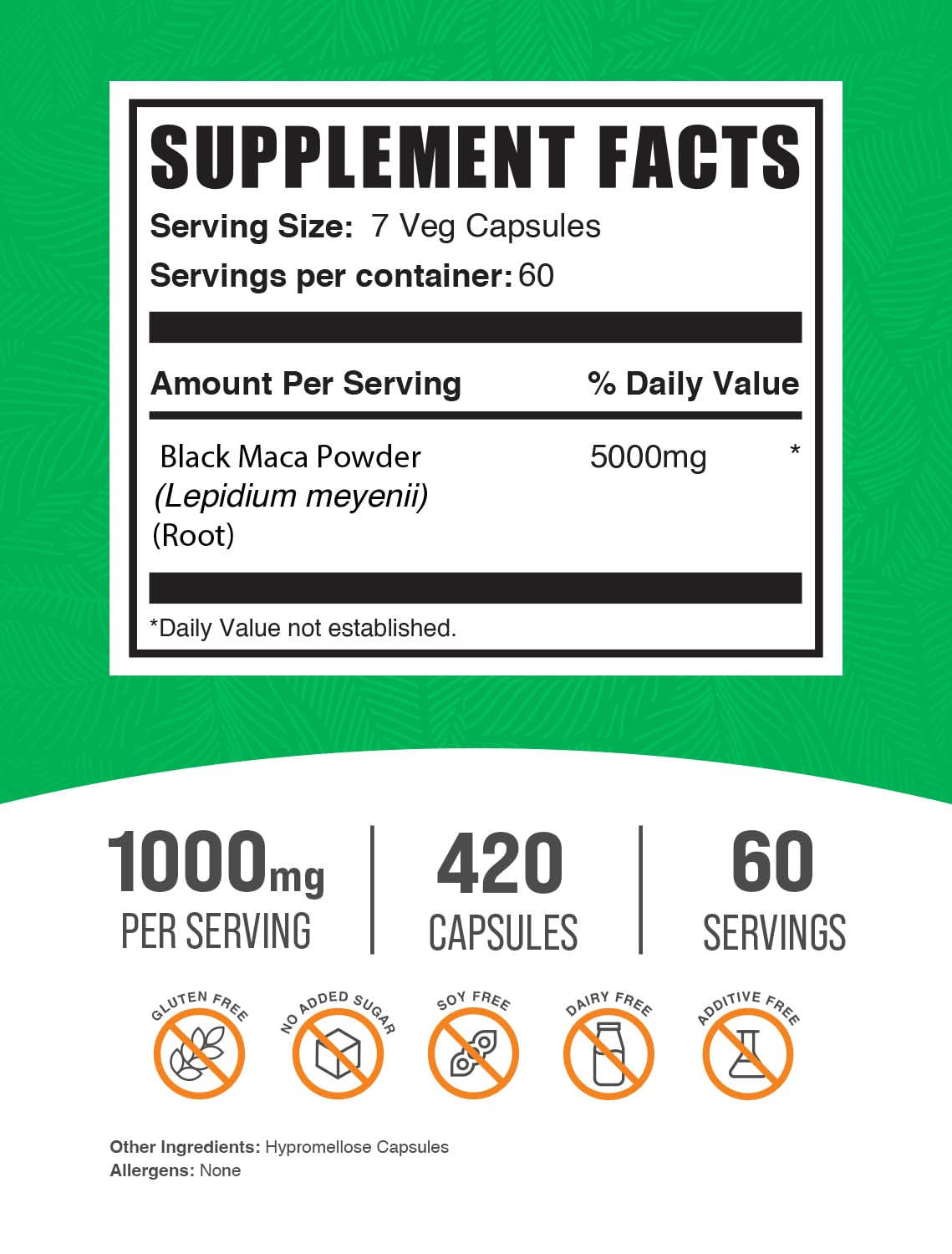 BulkSupplements Black Maca Root capsules bottle label shows 5000mg strength for everyday vitality.
