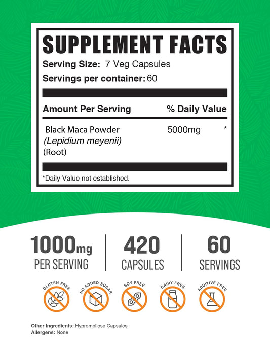 BulkSupplements Black Maca Root capsules bottle label shows 5000mg strength for everyday vitality.