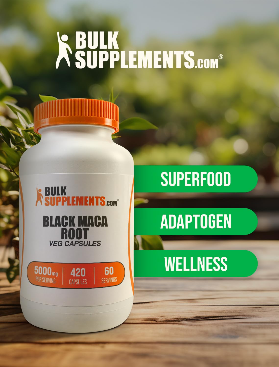BulkSupplements Black Maca Root capsules packaging graphic emphasizes gluten-free formula.