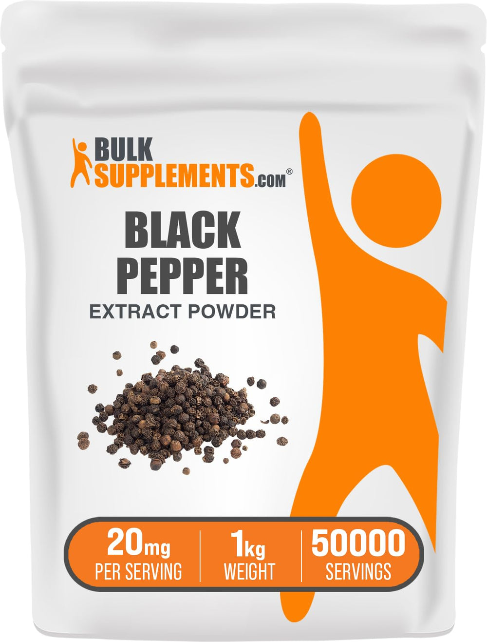 BulkSupplements Black Pepper Extract powder container showing 20 mg serving for daily use.