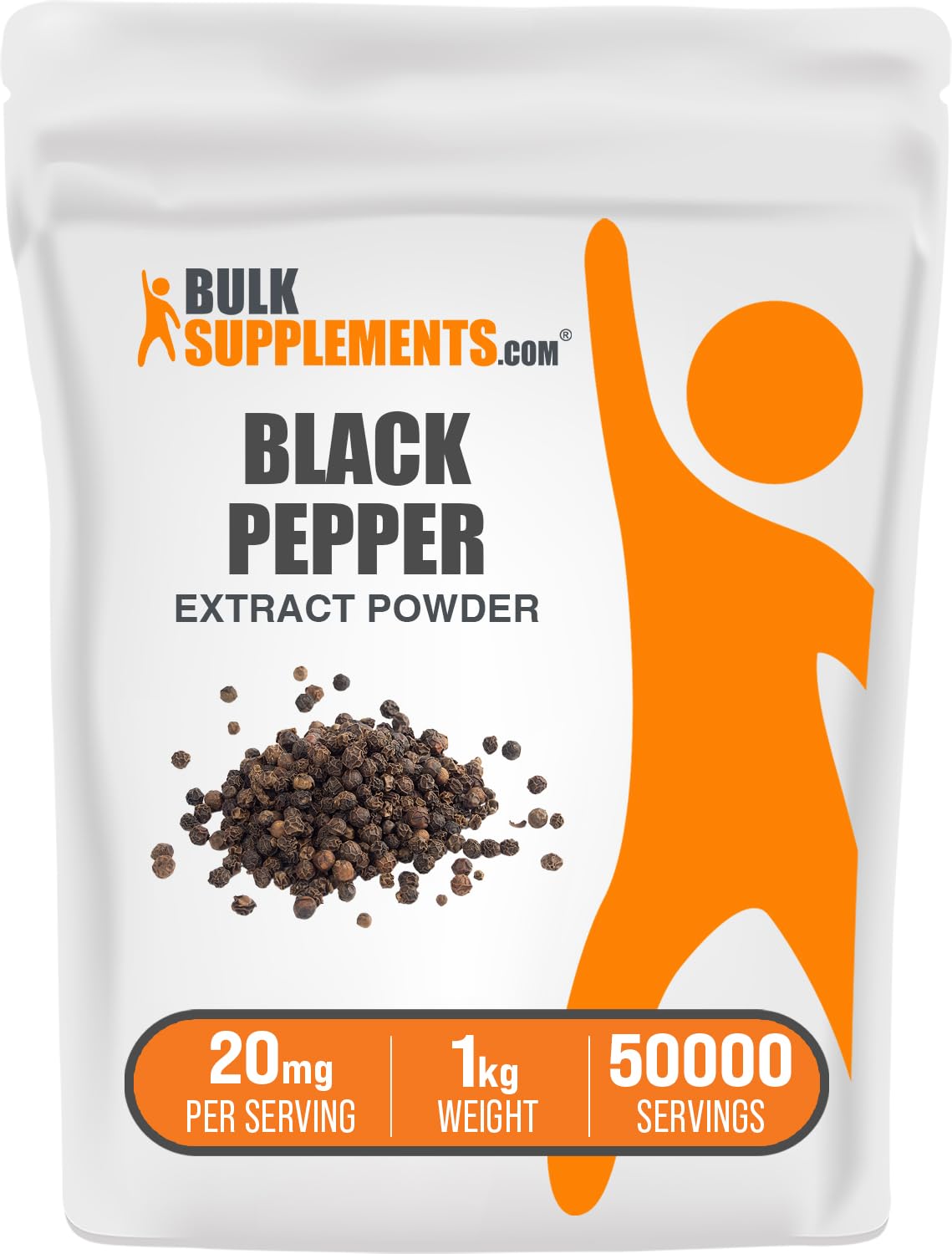 BulkSupplements Black Pepper Extract powder container showing 20 mg serving for daily use.