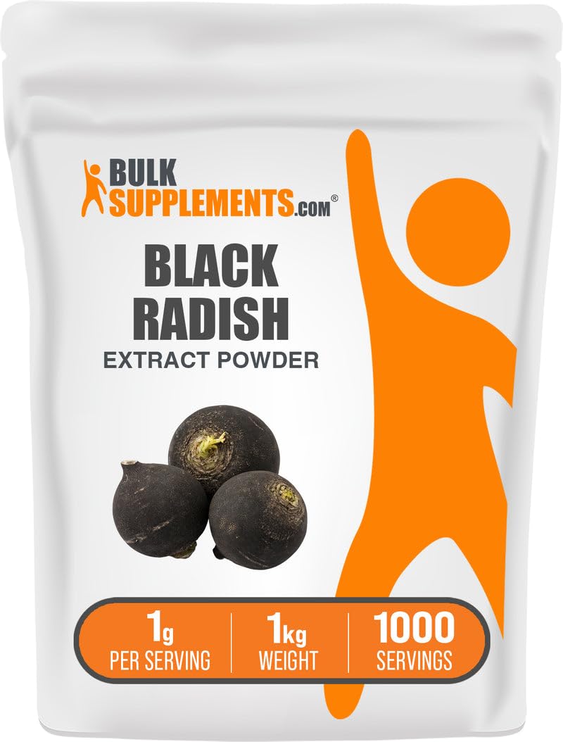 BulkSupplements Black Radish Extract Powder bottle closeup for a vegan gluten-free daily wellness option.