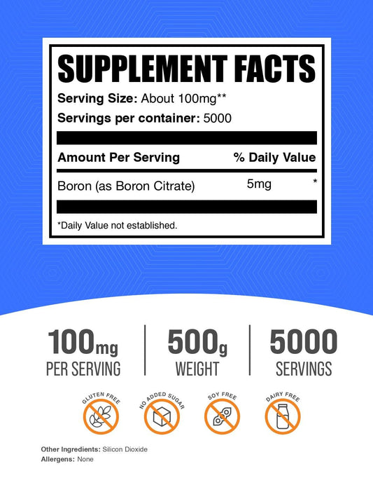 BulkSupplements Boron Citrate powder scoop enables easy dosing into smoothies.