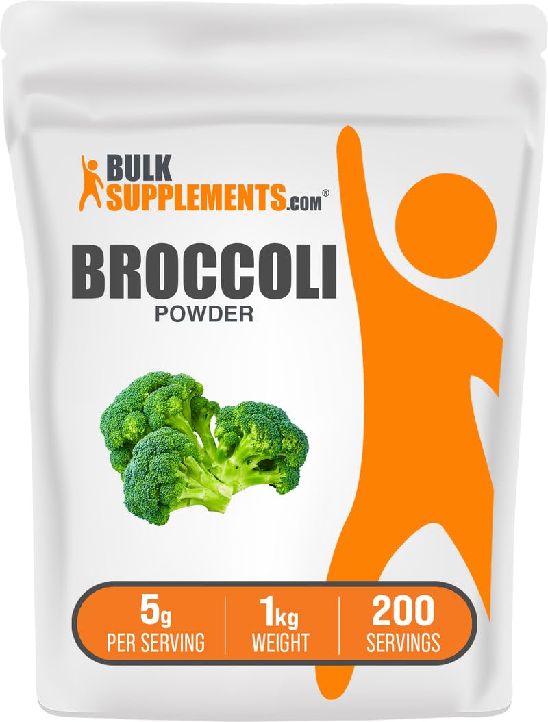 BulkSupplements broccoli powder bottle showing rich nutrients for daily smoothies