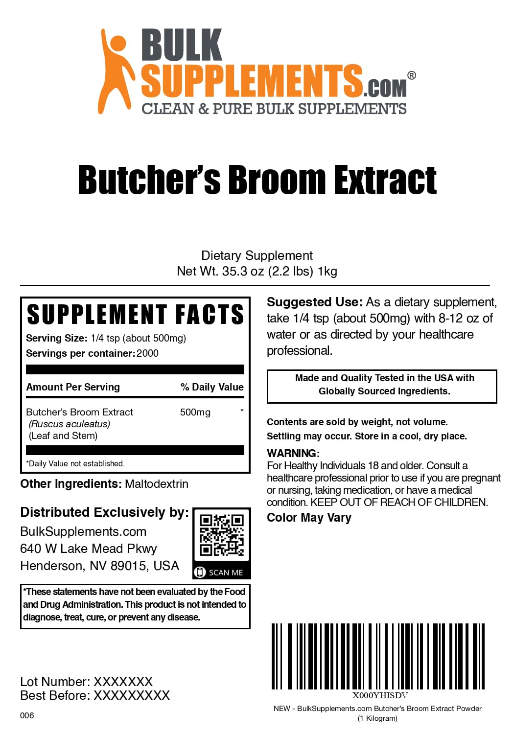 BulkSupplements Butcher's Broom Extract powder container with badge for third-party testing.