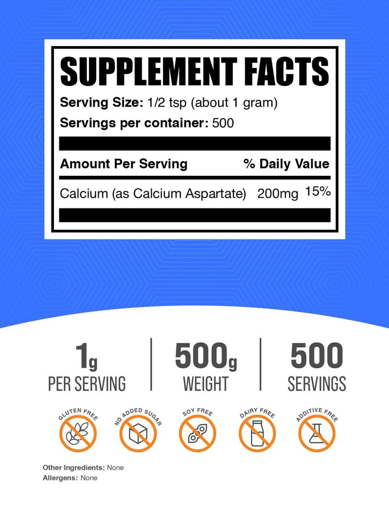 BulkSupplements Calcium Aspartate powder scoop showing a 200 mg serving
