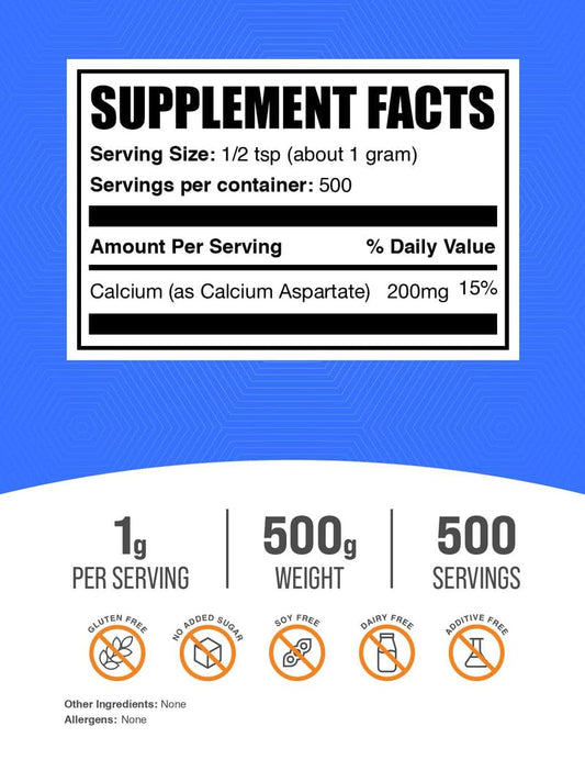 BulkSupplements Calcium Aspartate powder scoop showing a 200 mg serving