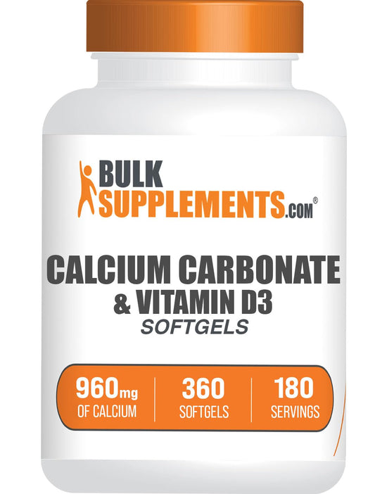 BulkSupplements Calcium Carbonate & Vitamin D3 softgels bottle supporting daily wellness routine.