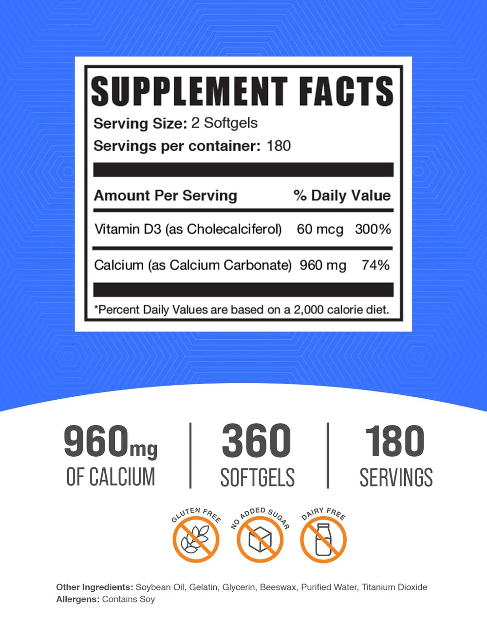 BulkSupplements Calcium Carbonate & Vitamin D3 softgels label close-up showing dosage information.