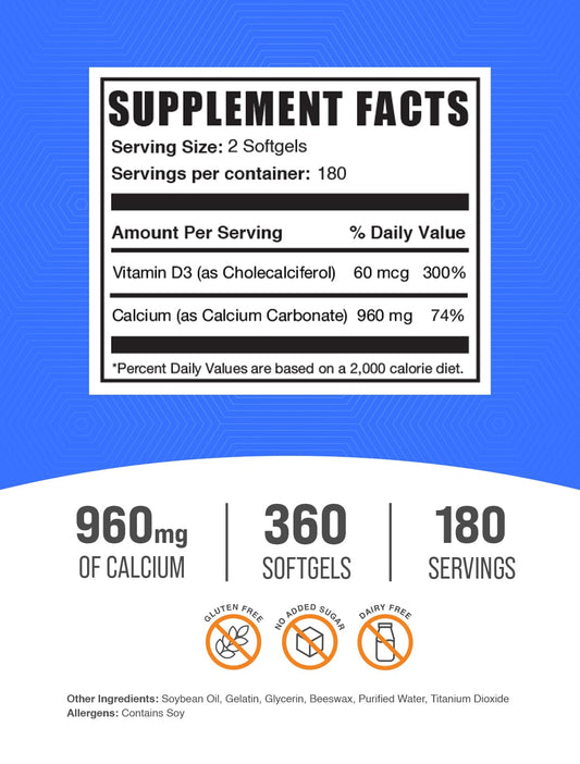 BulkSupplements Calcium Carbonate & Vitamin D3 softgels label close-up showing dosage information.