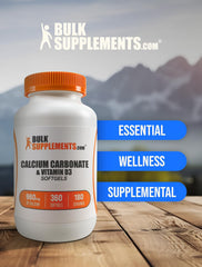 BulkSupplements Calcium Carbonate & Vitamin D3 softgels packaging showing 360-count carton.