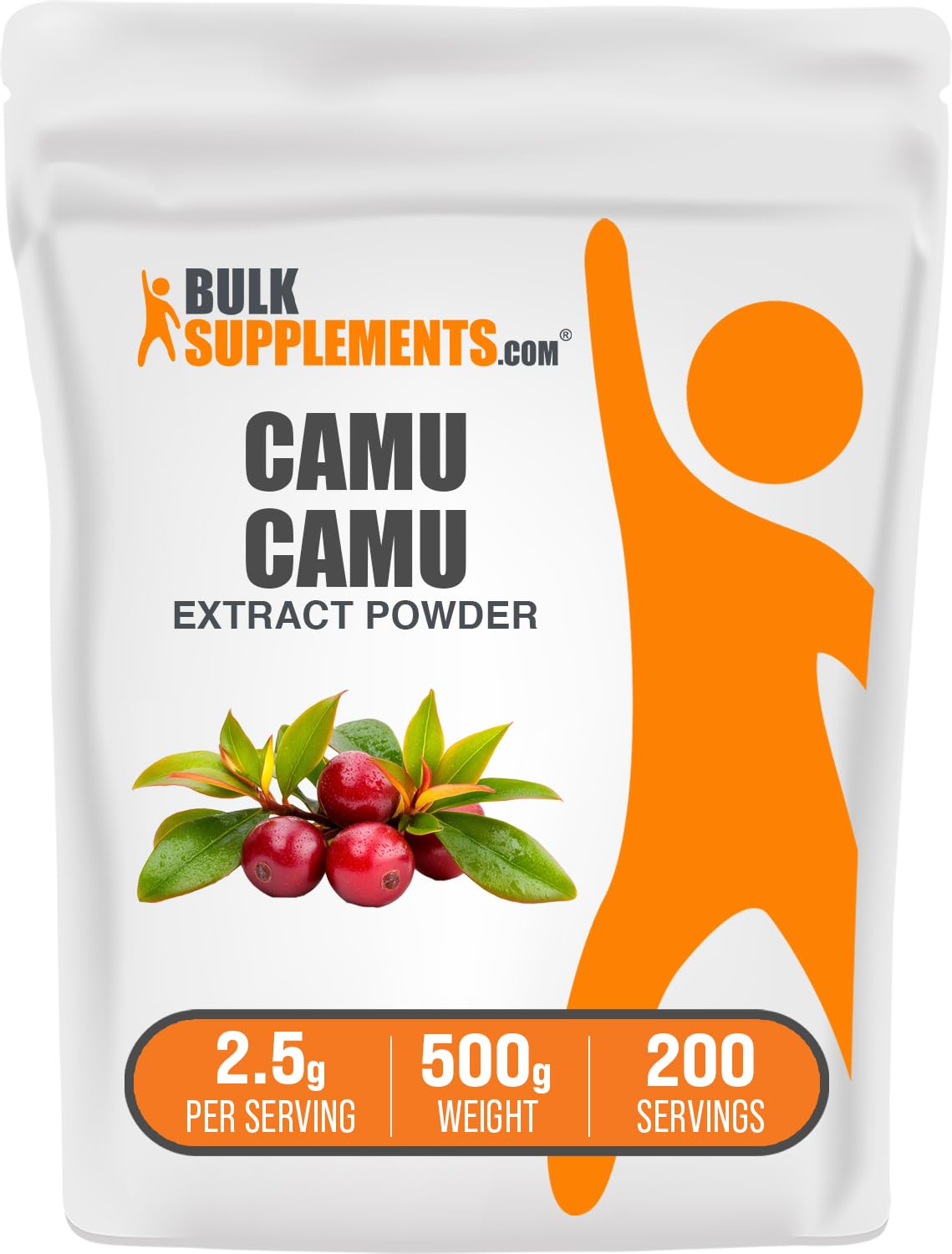 BulkSupplements Camu Camu Extract Powder bottle shows daily wellness support and clean label