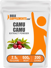 BulkSupplements Camu Camu Extract Powder bottle shows daily wellness support and clean label