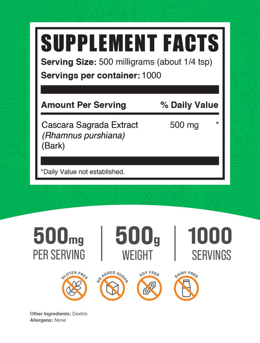 BulkSupplements Cascara Sagrada Extract powder in labeled jar ready for everyday use.
