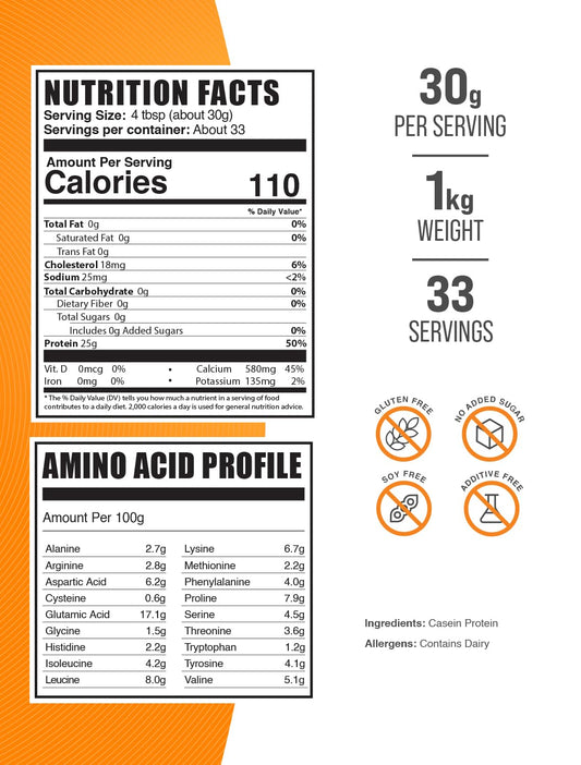 BulkSupplements casein powder bottle with scoop for post-workout nutrition