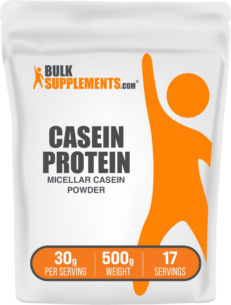 BulkSupplements casein protein powder 500g pack packaging close-up.